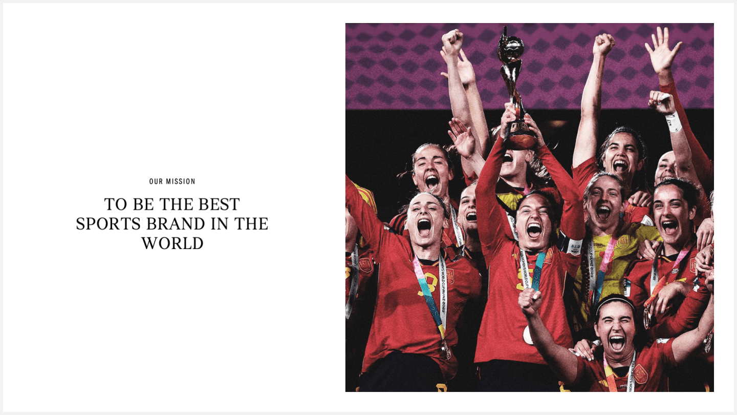 A jubilant women's soccer team in red jerseys celebrates with a trophy held high. Text reads, "Our Mission: To Be the Best Sports Brand in the World."