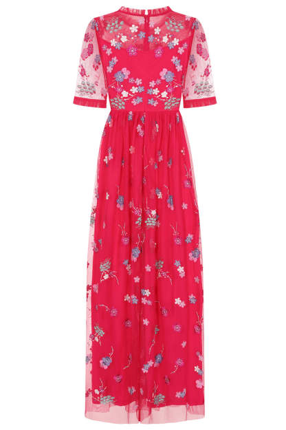 Crimson Floral Embroidered Maxi Dress