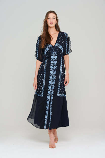 Navy Embroidered Button Through Maxi Dress