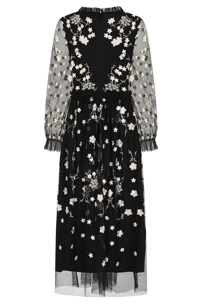 Black Floral Embroidered Midi Dress