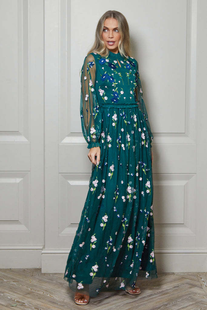 Alpine Green Floral Embroidered Maxi Dress