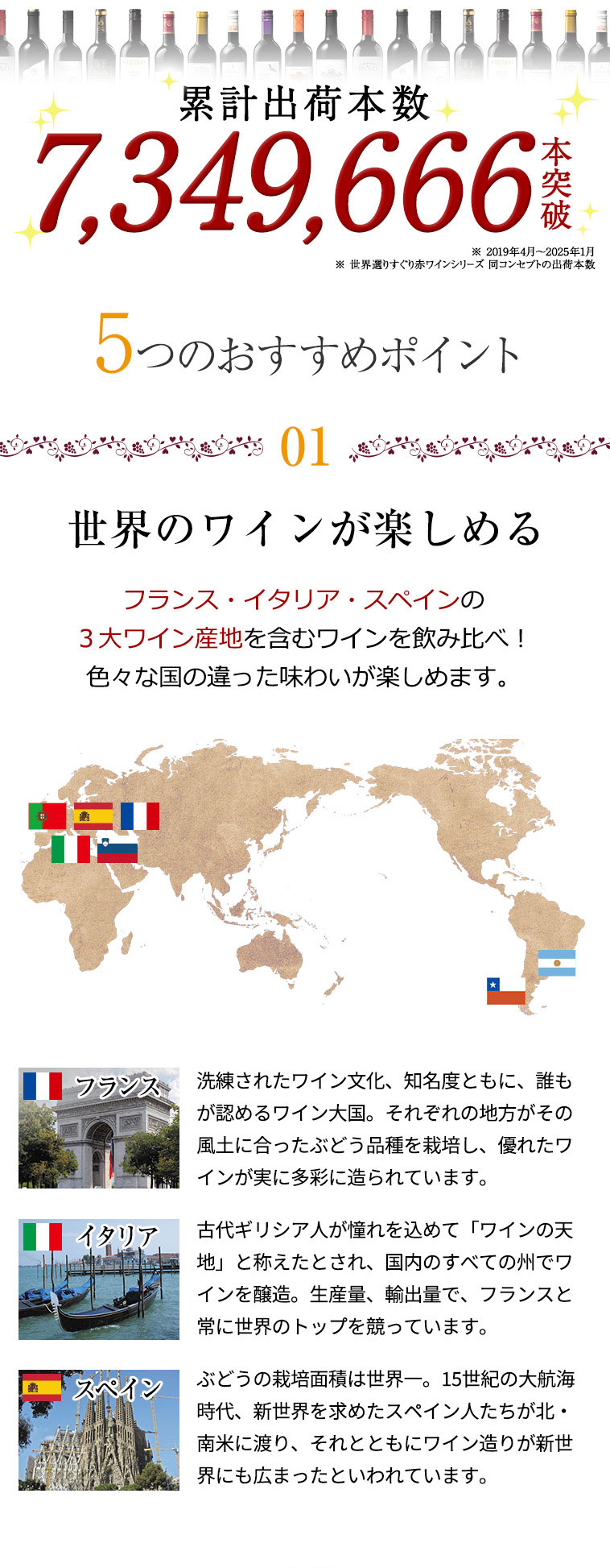 累計出荷本数7,349,666本！5つのおすすめポイント　1．世界のワインが楽しめる