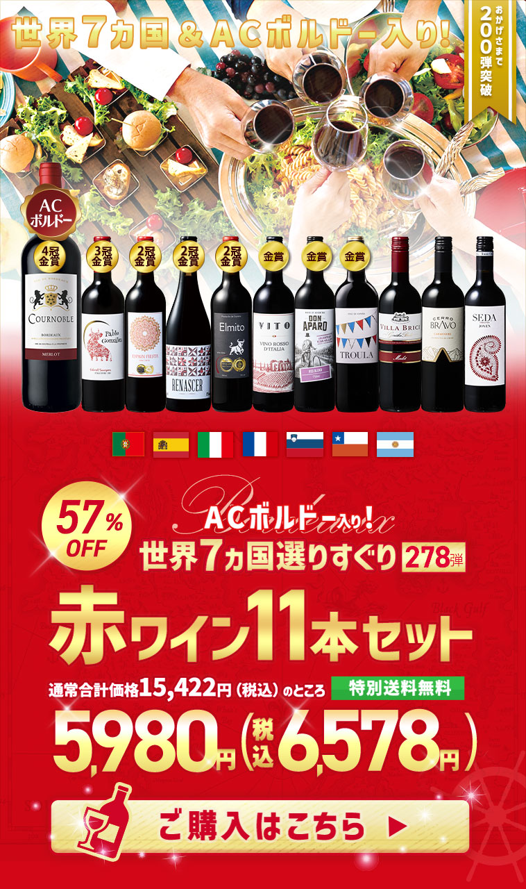 【特別送料無料】３大銘醸地入り！世界選りすぐり赤ワイン１１本セット 第278弾