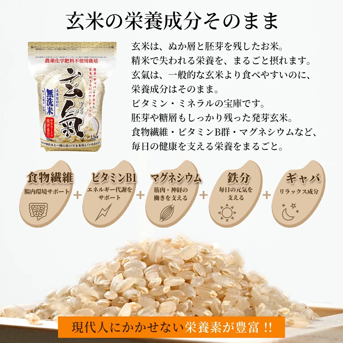 【農薬・化学肥料不使用栽培の玄氣】 1.5kg×3袋（4.5kg ） 白米モード炊ける無洗米の発芽玄米 無農薬（農薬・化学肥料不使用）栽培 送料無料