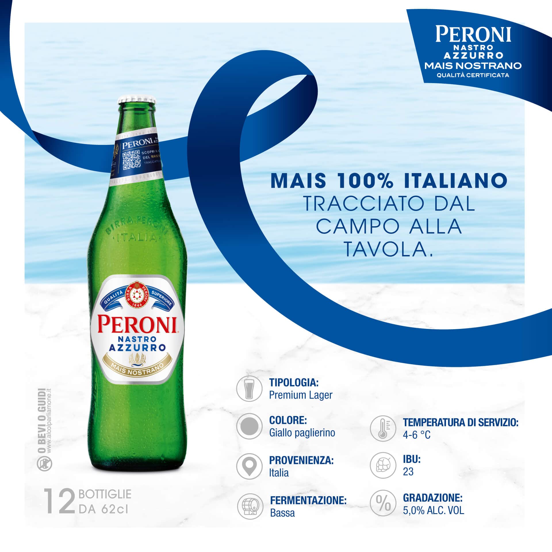 Peroni Nastro Azzurro Cassa con 12 Bottiglie di Birra Premium Lager da 62 cl, A Bassa Fermentazione, Gusto Rinfrescante e Rigenerante, Gradazione Alcolica 5% Vol