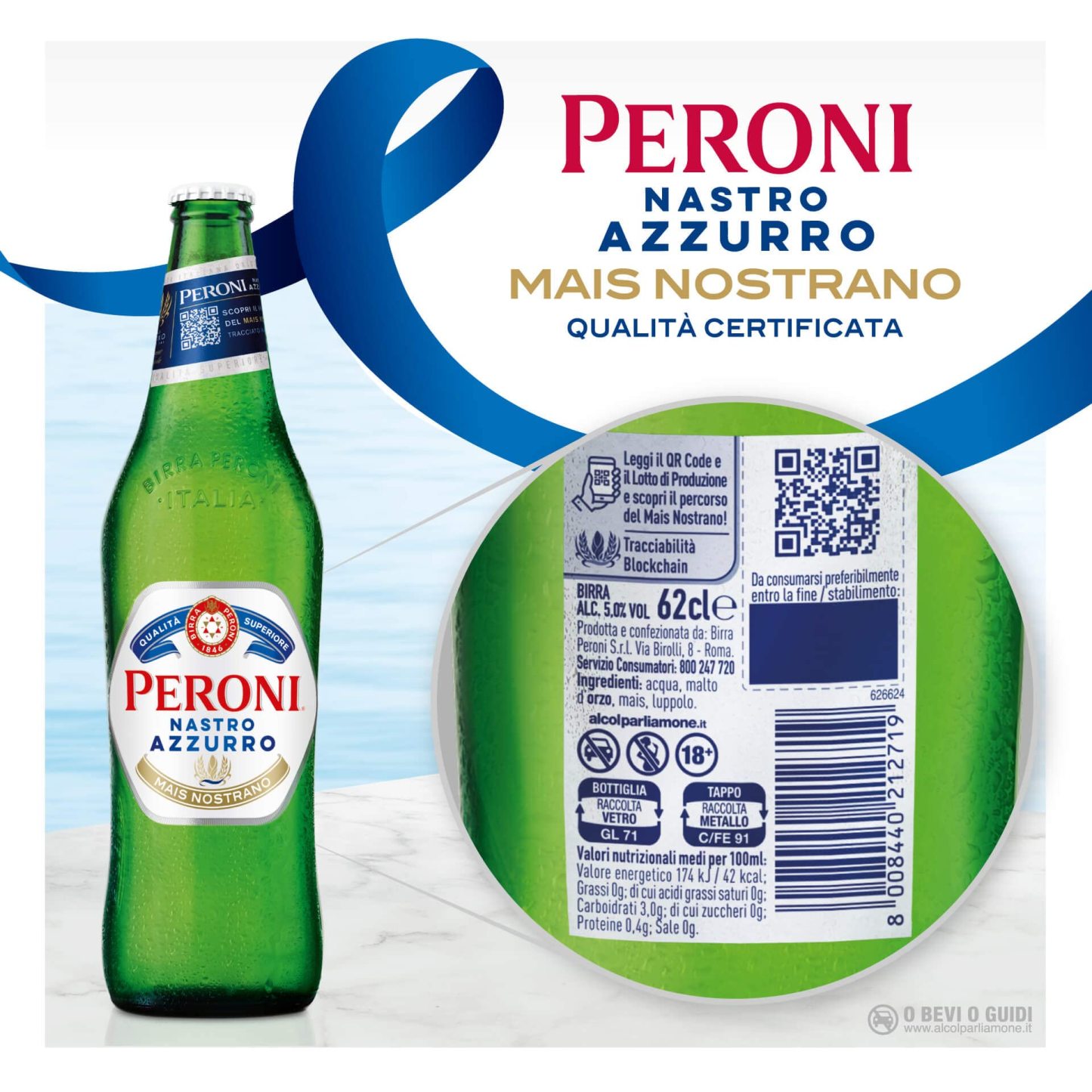 Peroni Nastro Azzurro Cassa con 12 Bottiglie di Birra Premium Lager da 62 cl, A Bassa Fermentazione, Gusto Rinfrescante e Rigenerante, Gradazione Alcolica 5% Vol