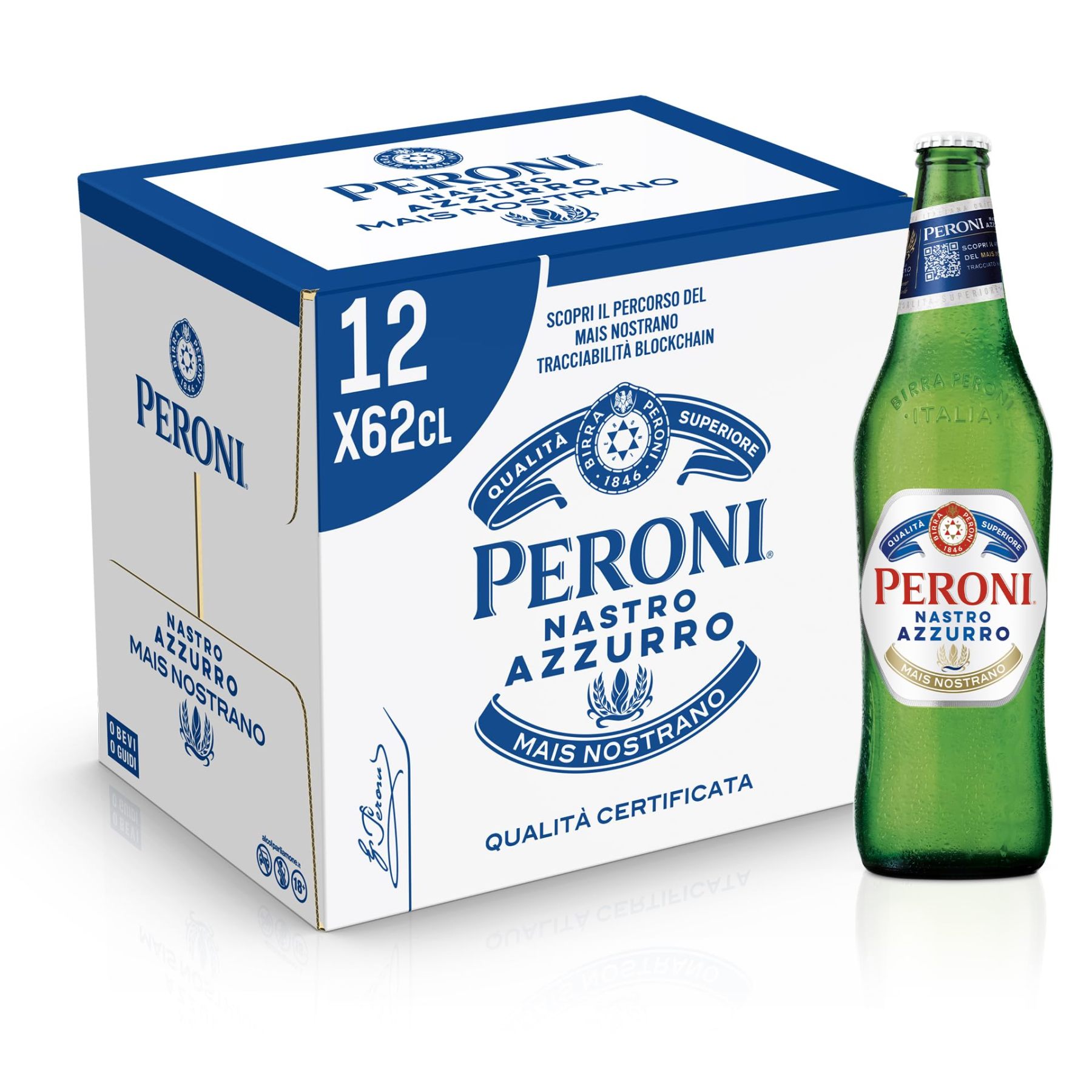 Peroni Nastro Azzurro Cassa con 12 Bottiglie di Birra Premium Lager da 62 cl, A Bassa Fermentazione, Gusto Rinfrescante e Rigenerante, Gradazione Alcolica 5% Vol