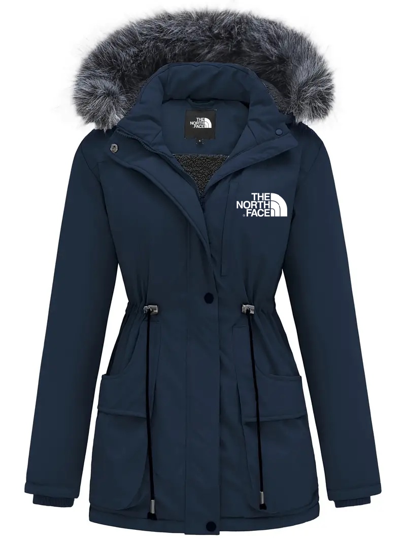 2024 TNF®-Women's Elegant Long Sleeve Fluffy Trim Hooded Coat, Warm Drawstring Outerwear for Cold Weather