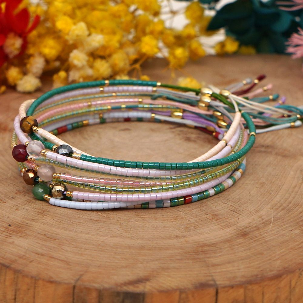 Colorful lucky stone bead adjustable bracelet