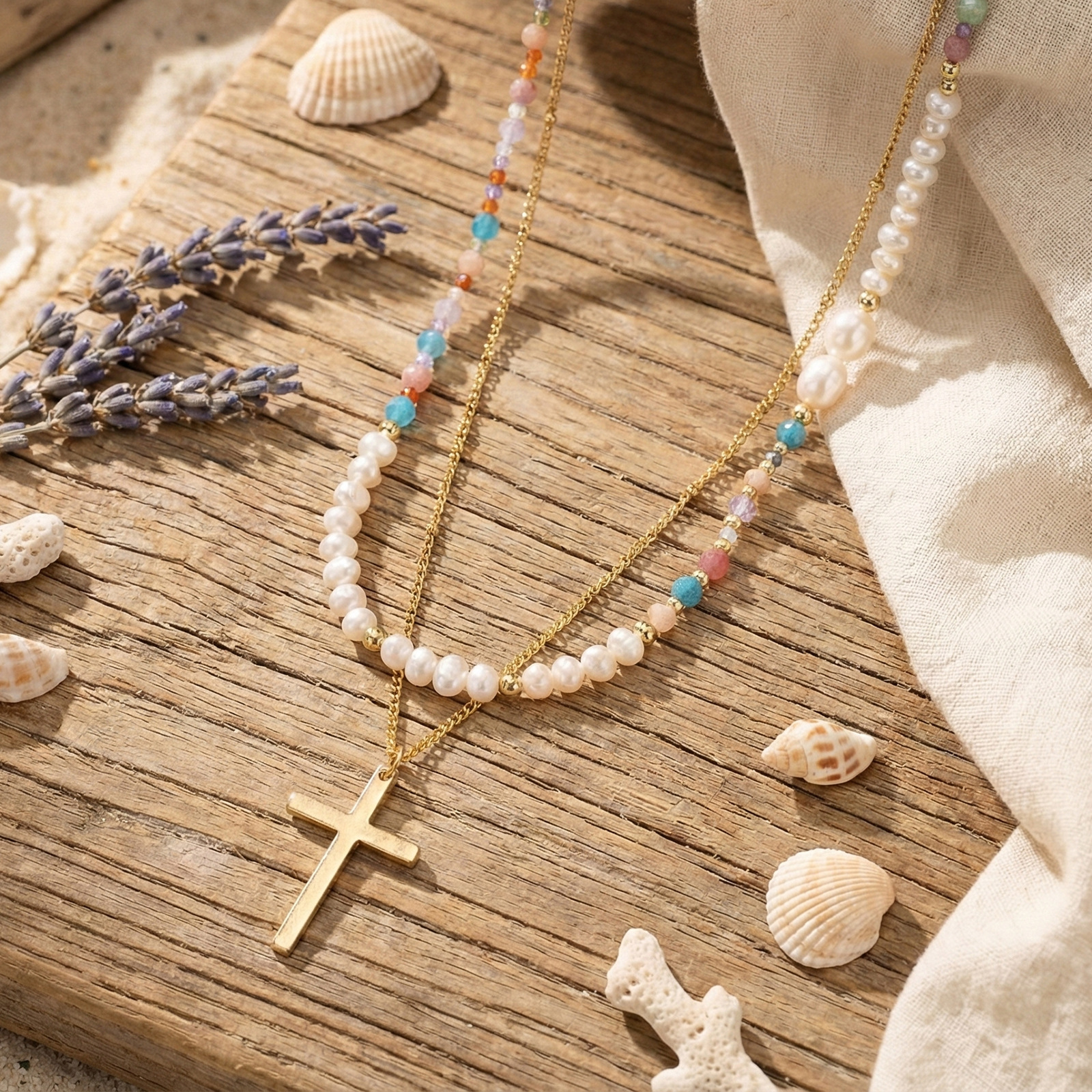 Color bead metal chain layered pendant necklace for women