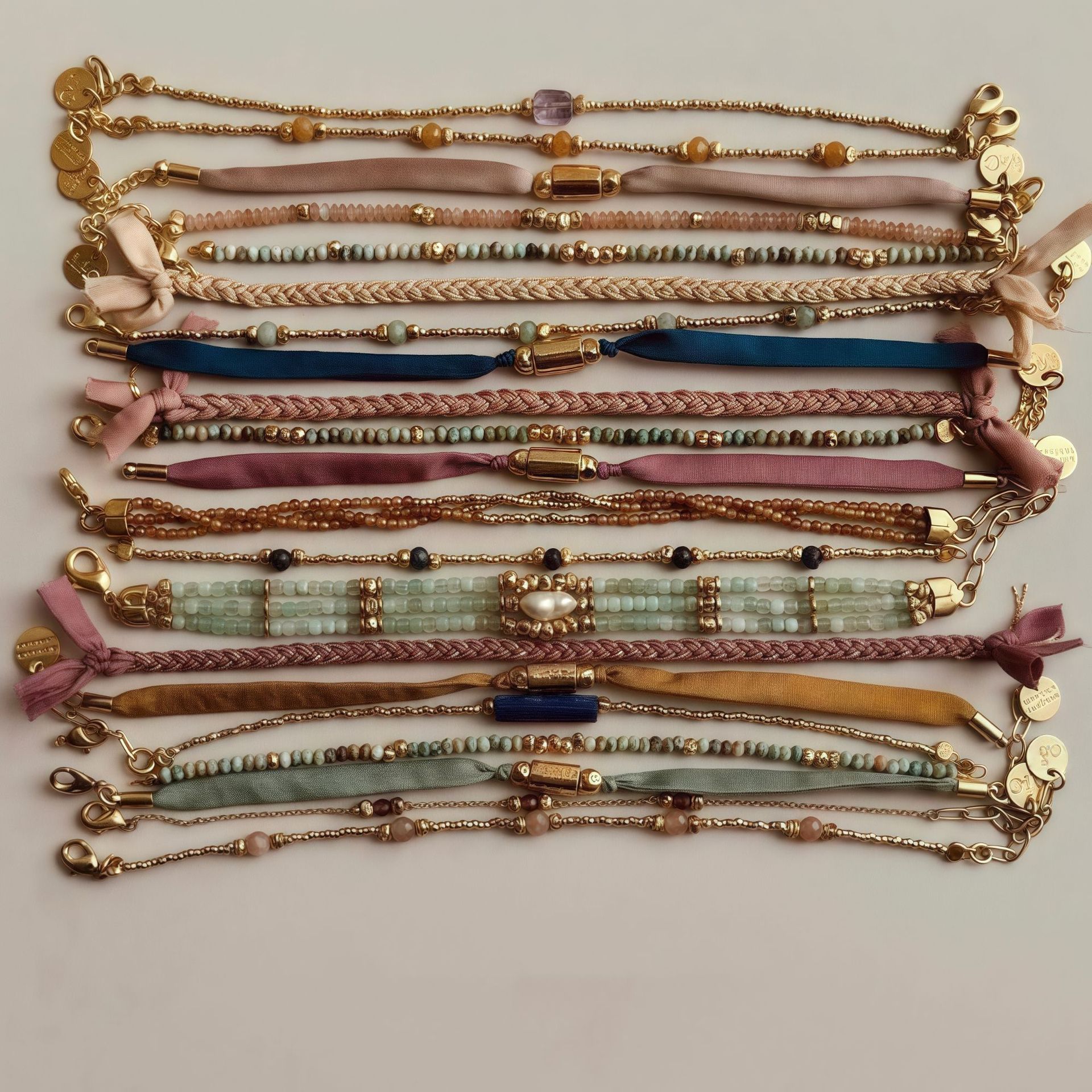 Retro multi-material layered bracelet with ribbon and bead connection, metal chain