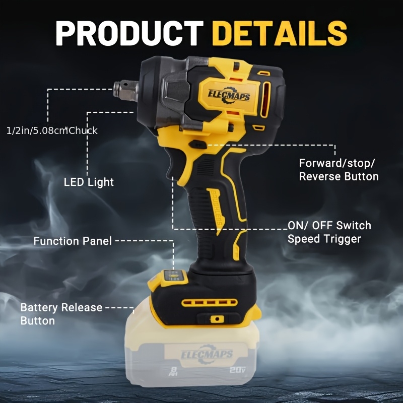 3-in-1 Cordless Impact Wrench – Compatible with Dewalt 20V Batteries | 450N High Torque Brushless Power Tool for Car Repair, DIY & Construction | Yellow & Black Design