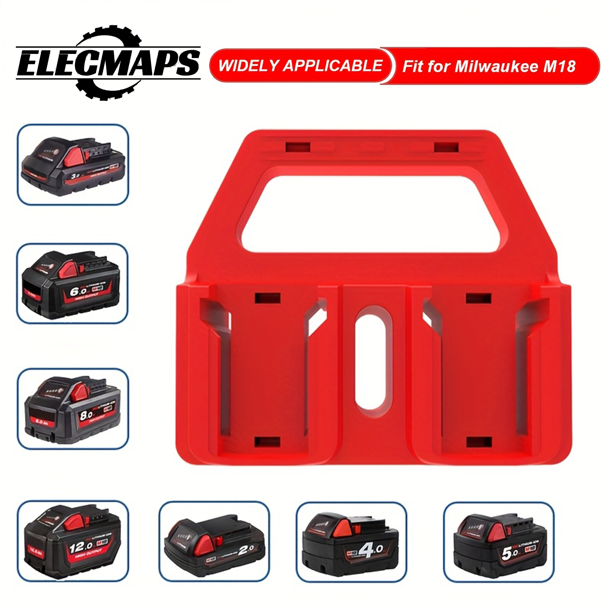 Portable battery storage rack, suitable for M.18 batteries. Features a sturdy construction, is temperature and weather resistant, and is ideal for use in garages and workshops.