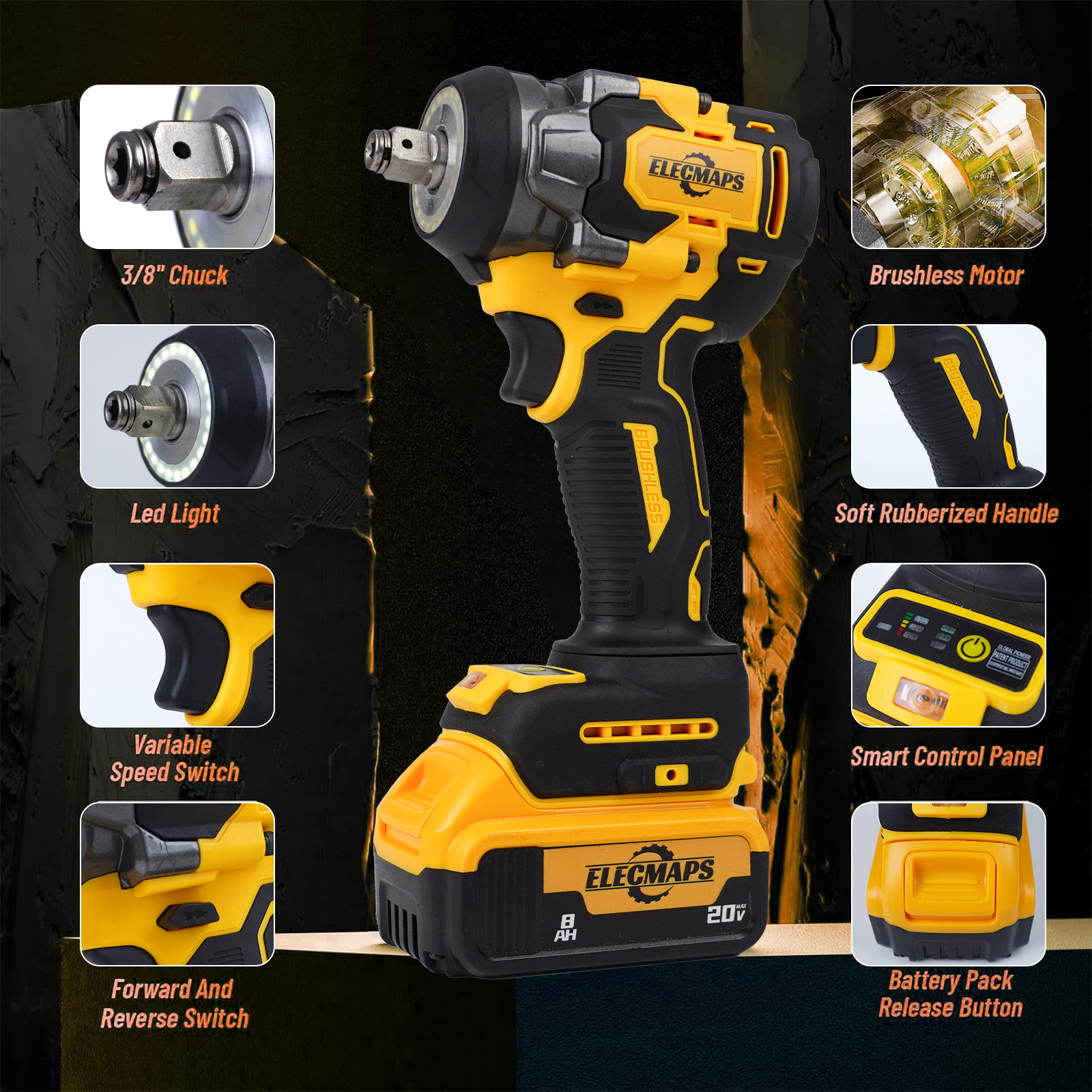 3-in-1 Cordless Impact Wrench – Compatible with Dewalt 20V Batteries | 450N High Torque Brushless Power Tool for Car Repair, DIY & Construction | Yellow & Black Design