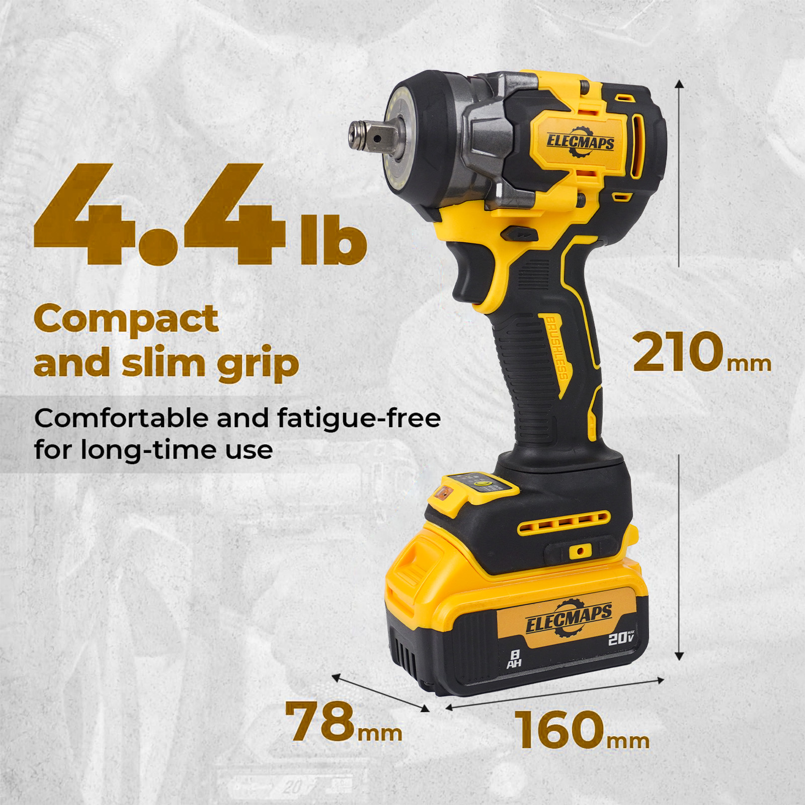 3-in-1 Cordless Impact Wrench – Compatible with Dewalt 20V Batteries | 450N High Torque Brushless Power Tool for Car Repair, DIY & Construction | Yellow & Black Design