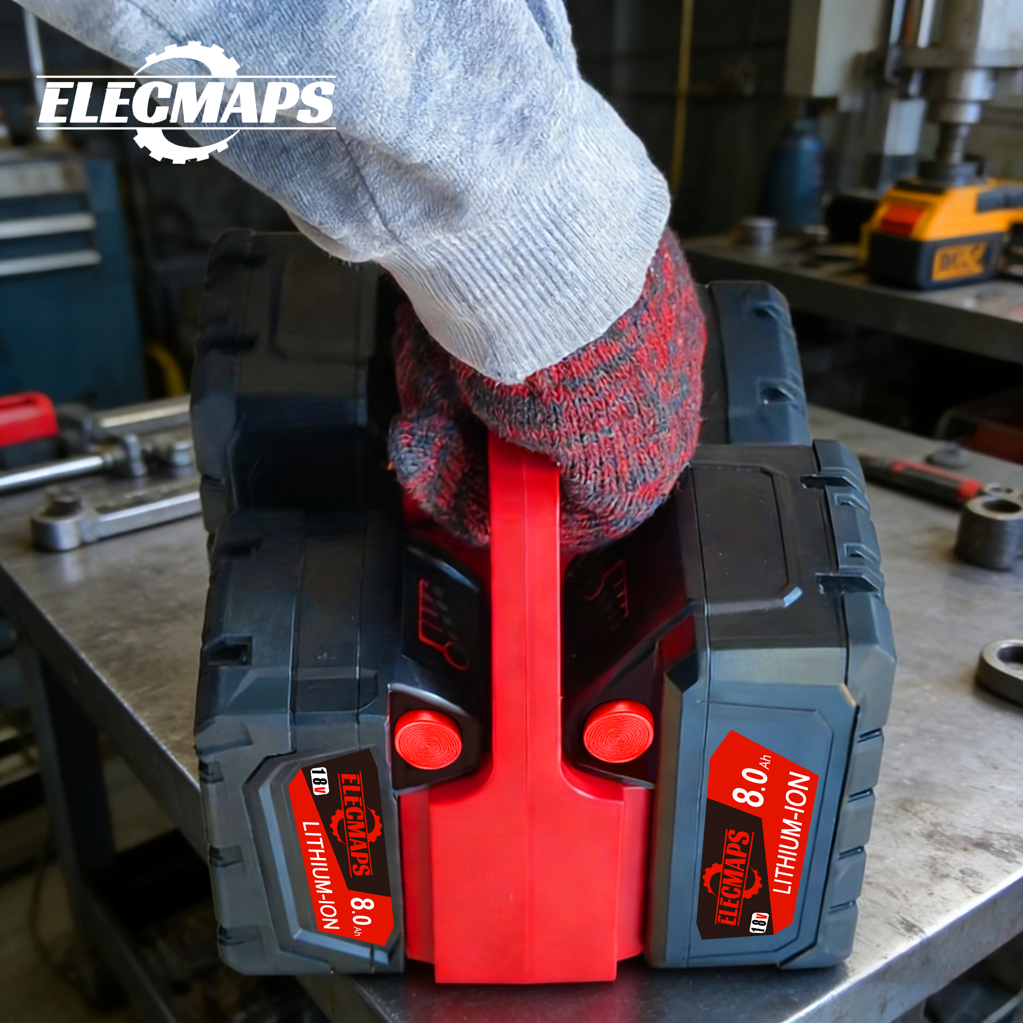 Portable battery storage rack, suitable for M.18 batteries. Features a sturdy construction, is temperature and weather resistant, and is ideal for use in garages and workshops.