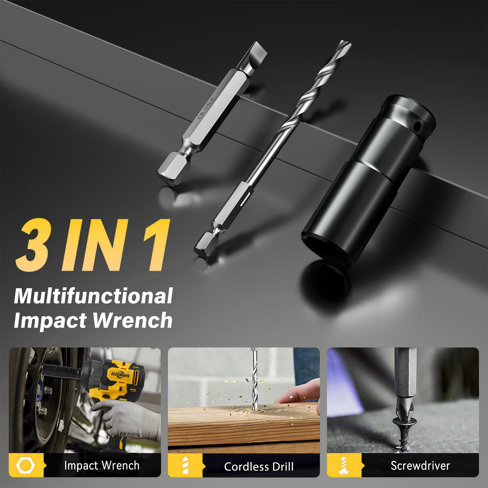 3-in-1 Cordless Impact Wrench – Compatible with Dewalt 20V Batteries | 450N High Torque Brushless Power Tool for Car Repair, DIY & Construction | Yellow & Black Design