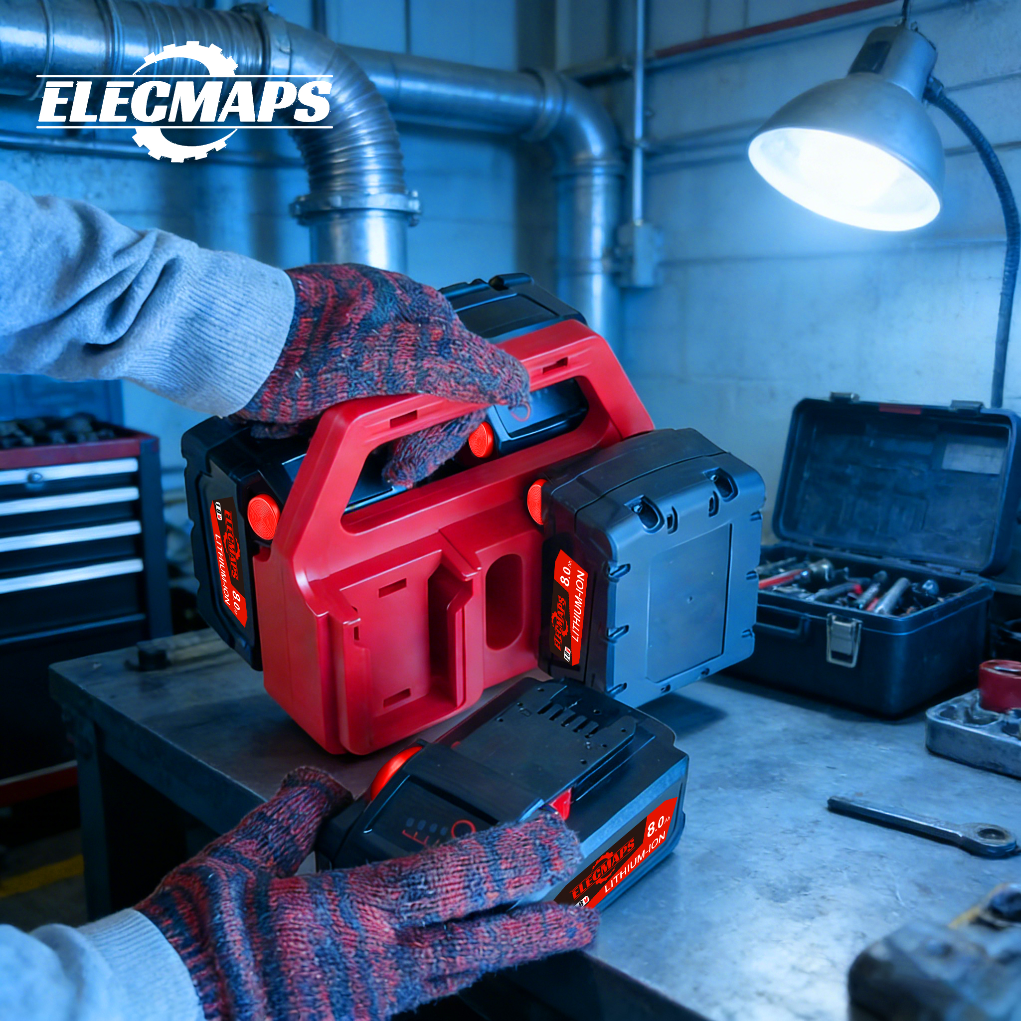 Portable battery storage rack, suitable for M.18 batteries. Features a sturdy construction, is temperature and weather resistant, and is ideal for use in garages and workshops.