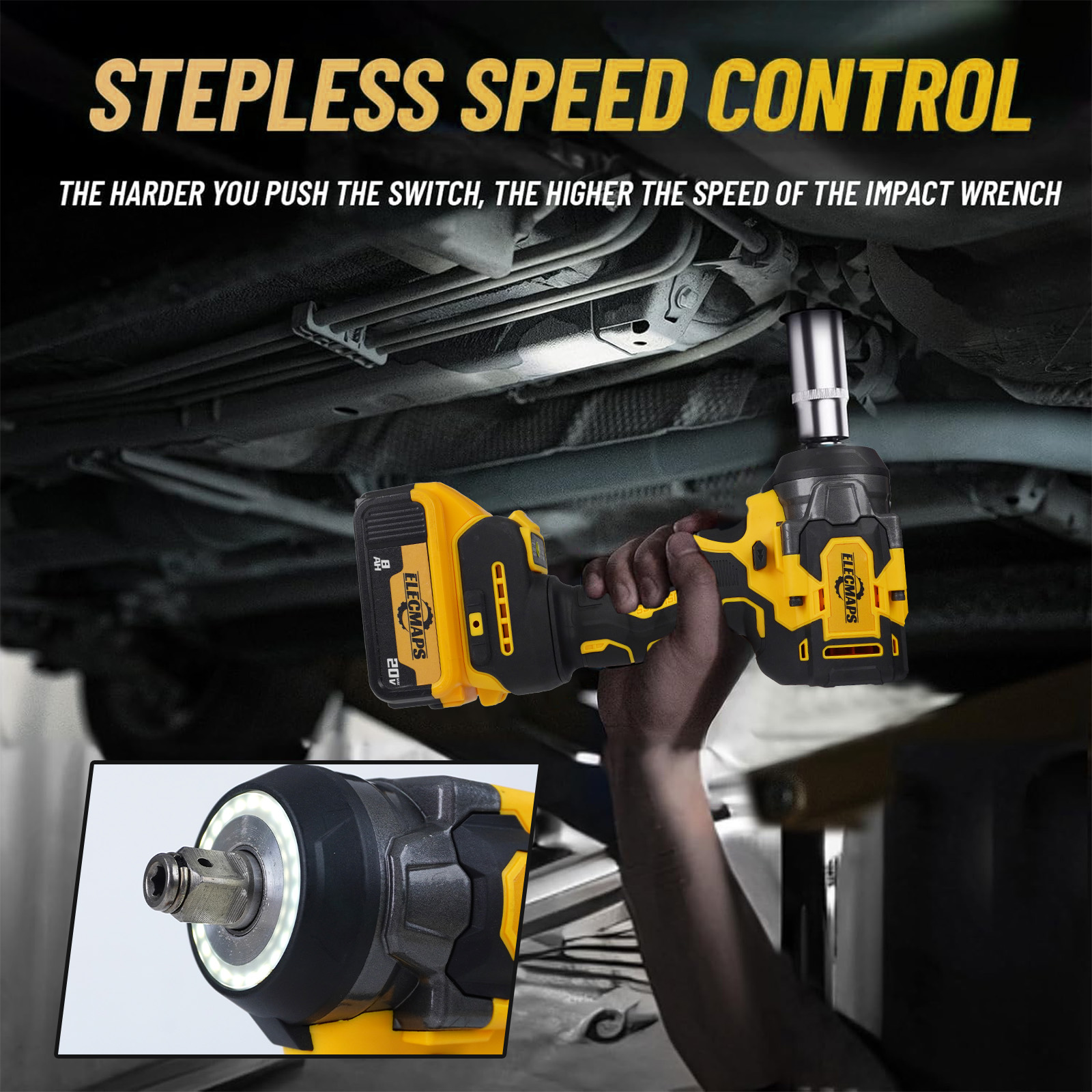 3-in-1 Cordless Impact Wrench – Compatible with Dewalt 20V Batteries | 450N High Torque Brushless Power Tool for Car Repair, DIY & Construction | Yellow & Black Design