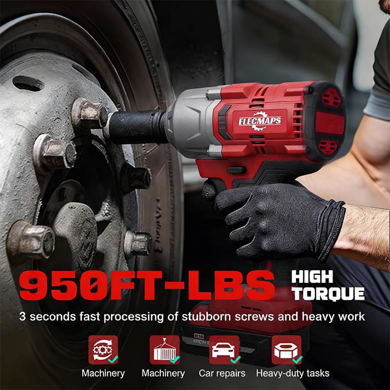 Cordless Impact Wrench 950 FT-LBS, 1/2 Inch Brushless Electric High Torque Wrench for Car Repair and Construction