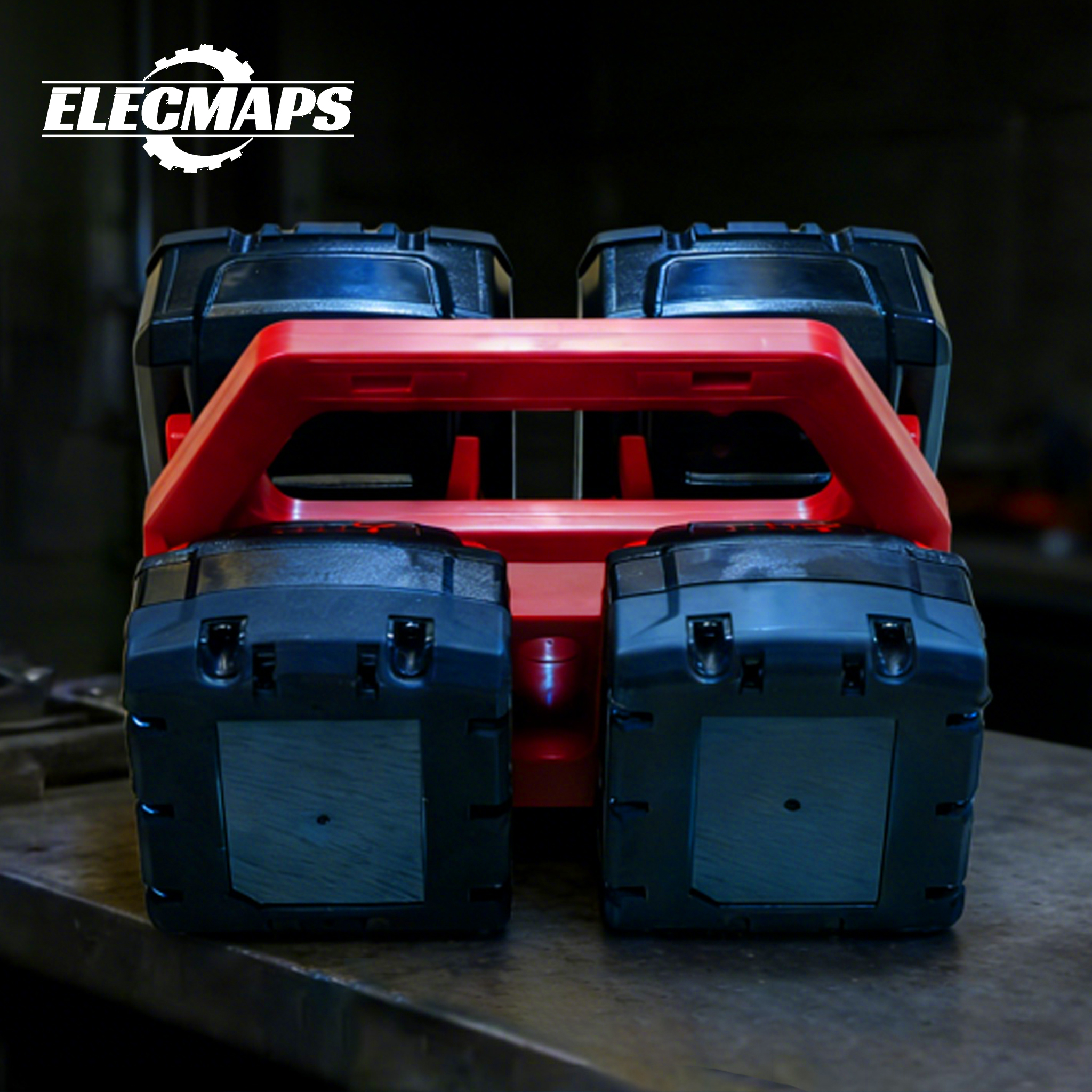 Portable battery storage rack, suitable for M.18 batteries. Features a sturdy construction, is temperature and weather resistant, and is ideal for use in garages and workshops.