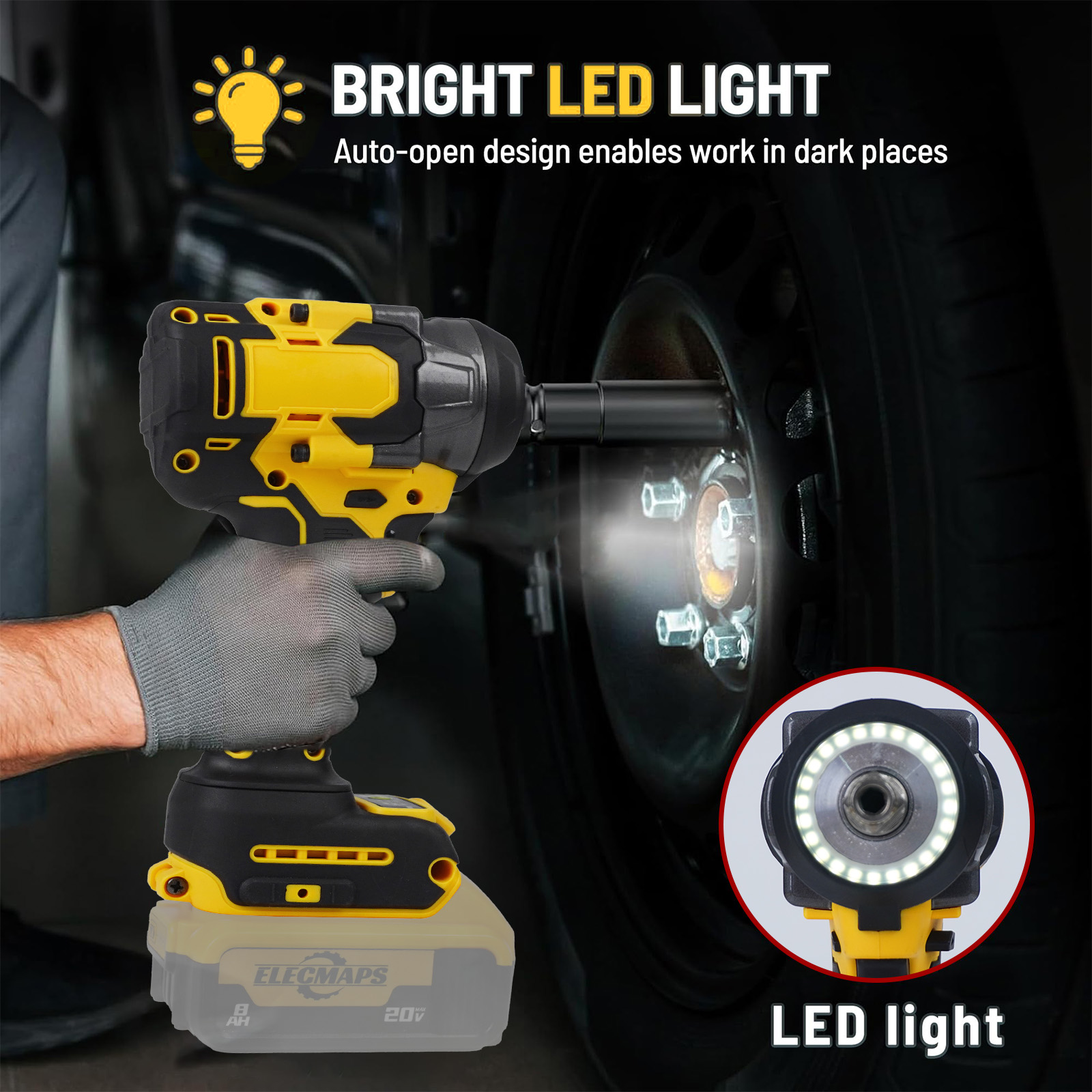 3-in-1 Cordless Impact Wrench – Compatible with Dewalt 20V Batteries | 450N High Torque Brushless Power Tool for Car Repair, DIY & Construction | Yellow & Black Design