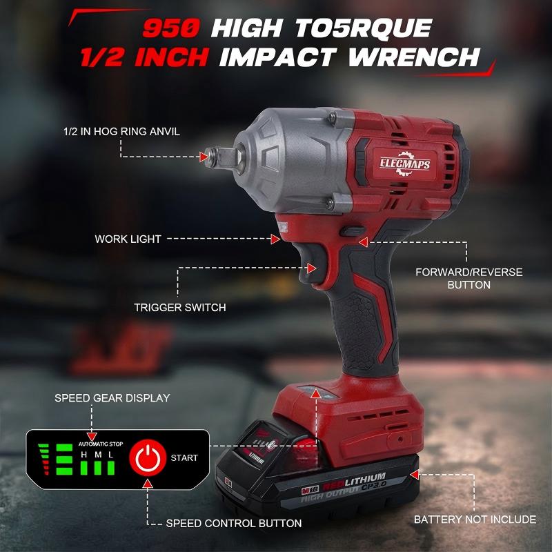 Cordless Impact Wrench 950 FT-LBS, 1/2 Inch Brushless Electric High Torque Wrench for Car Repair and Construction