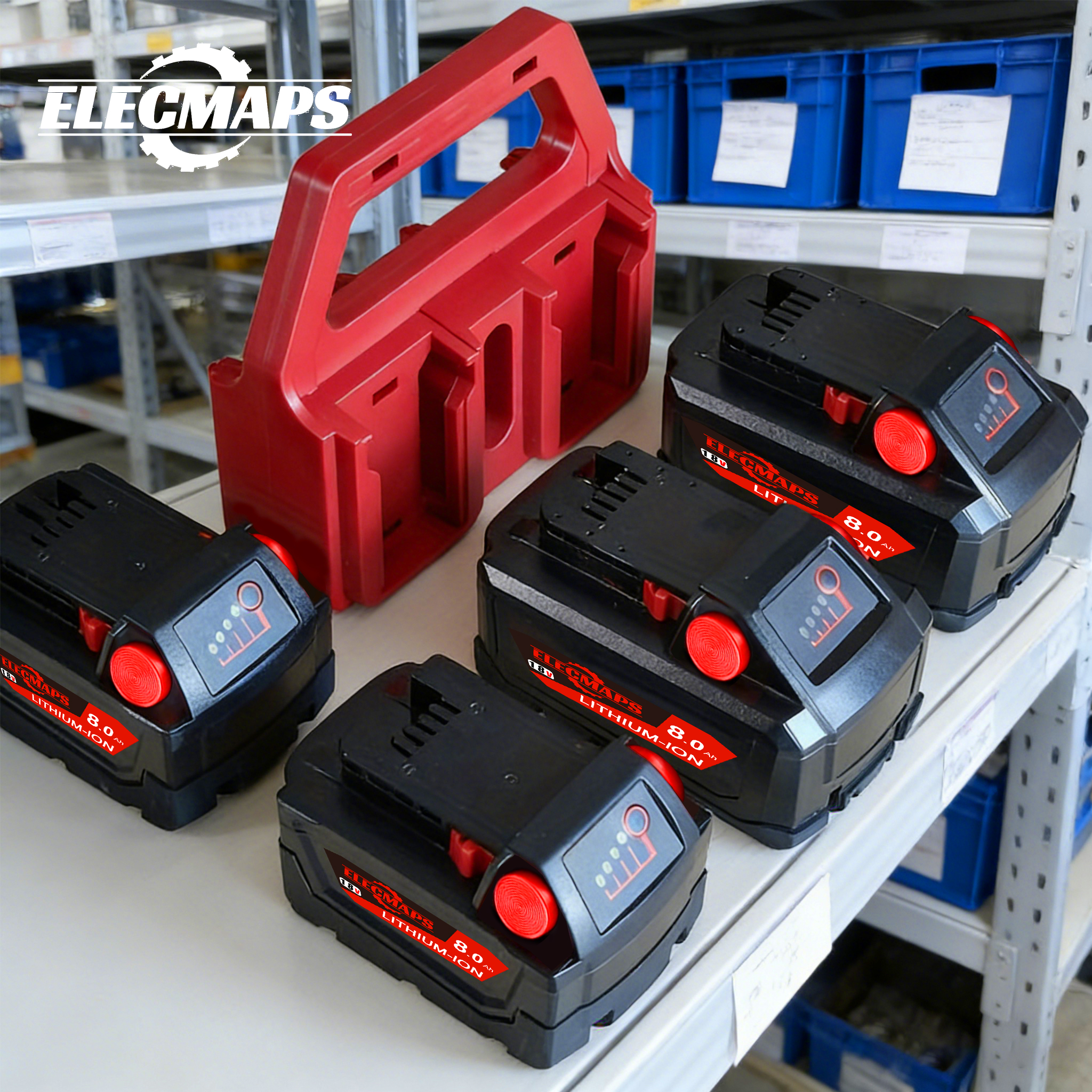 Portable battery storage rack, suitable for M.18 batteries. Features a sturdy construction, is temperature and weather resistant, and is ideal for use in garages and workshops.