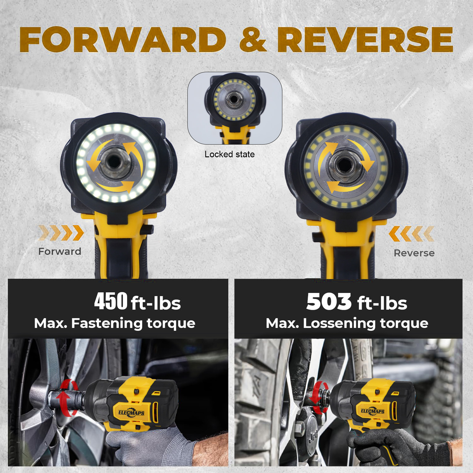 3-in-1 Cordless Impact Wrench – Compatible with Dewalt 20V Batteries | 450N High Torque Brushless Power Tool for Car Repair, DIY & Construction | Yellow & Black Design