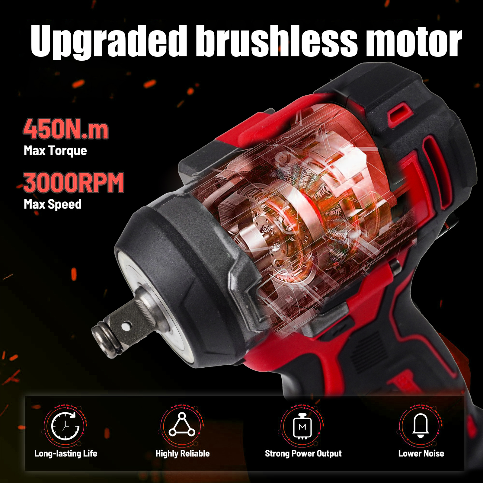 3-in-1 Cordless Brushless Impact Wrench – 450N High Torque Power Tool Perfect for Car Repair, Home DIY & Construction | Red & Black Design