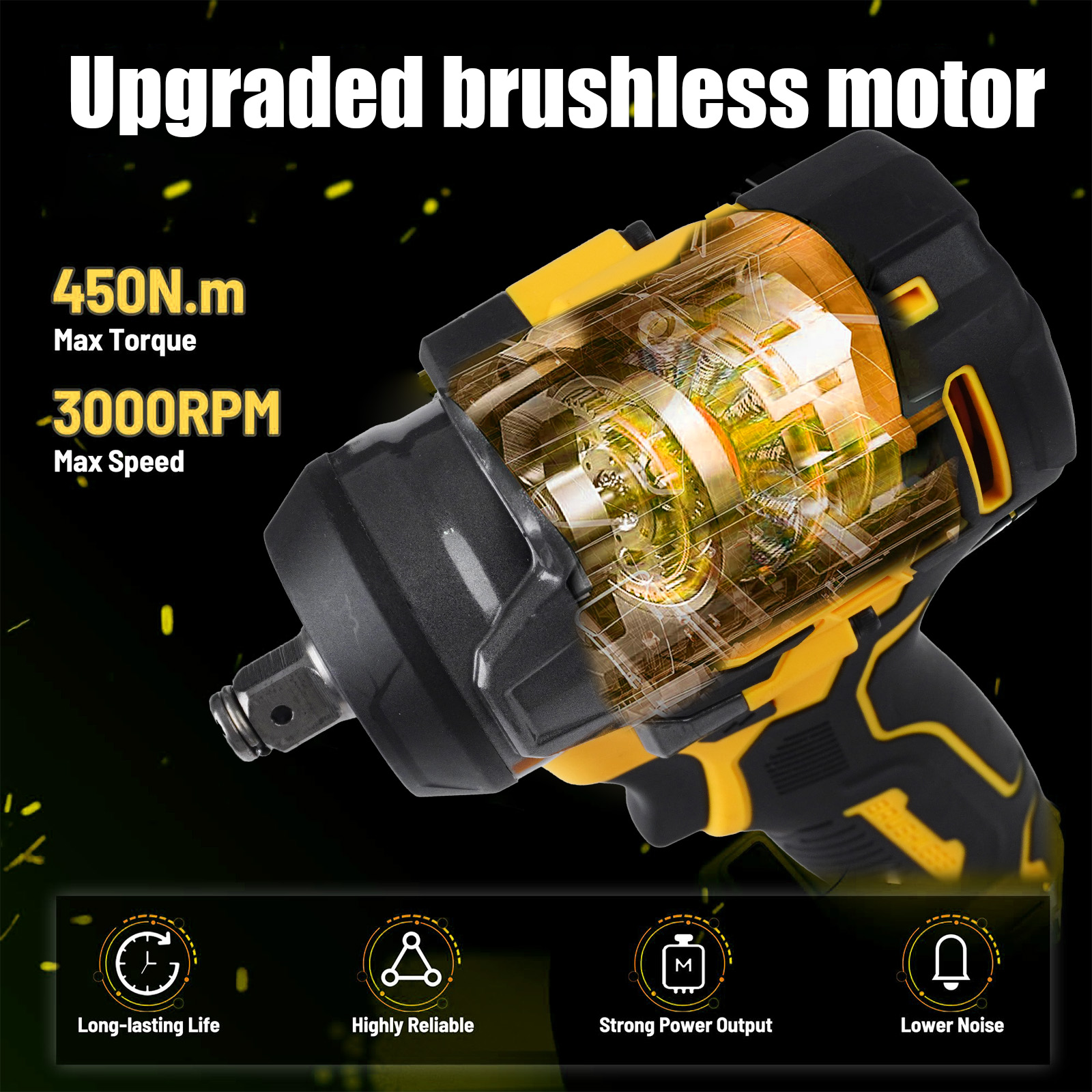 3-in-1 Cordless Impact Wrench – Compatible with Dewalt 20V Batteries | 450N High Torque Brushless Power Tool for Car Repair, DIY & Construction | Yellow & Black Design