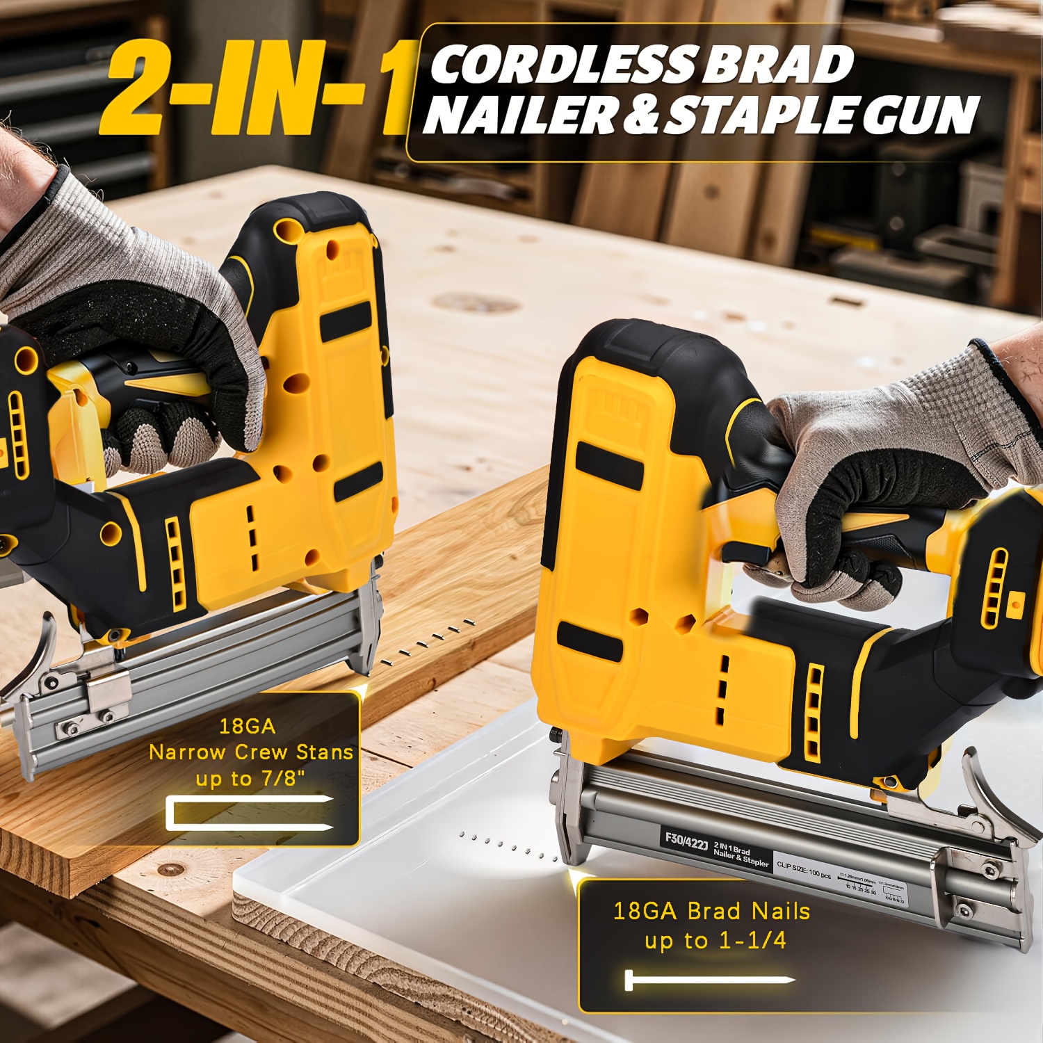 Suitable for DeWalt 20V Max 18GA cordless 2-in-1 brushless electric nail gun, ideal for home DIY and home renovation projects, compatible with 5/8 to 1-1/4 inch nails (100 nails included).