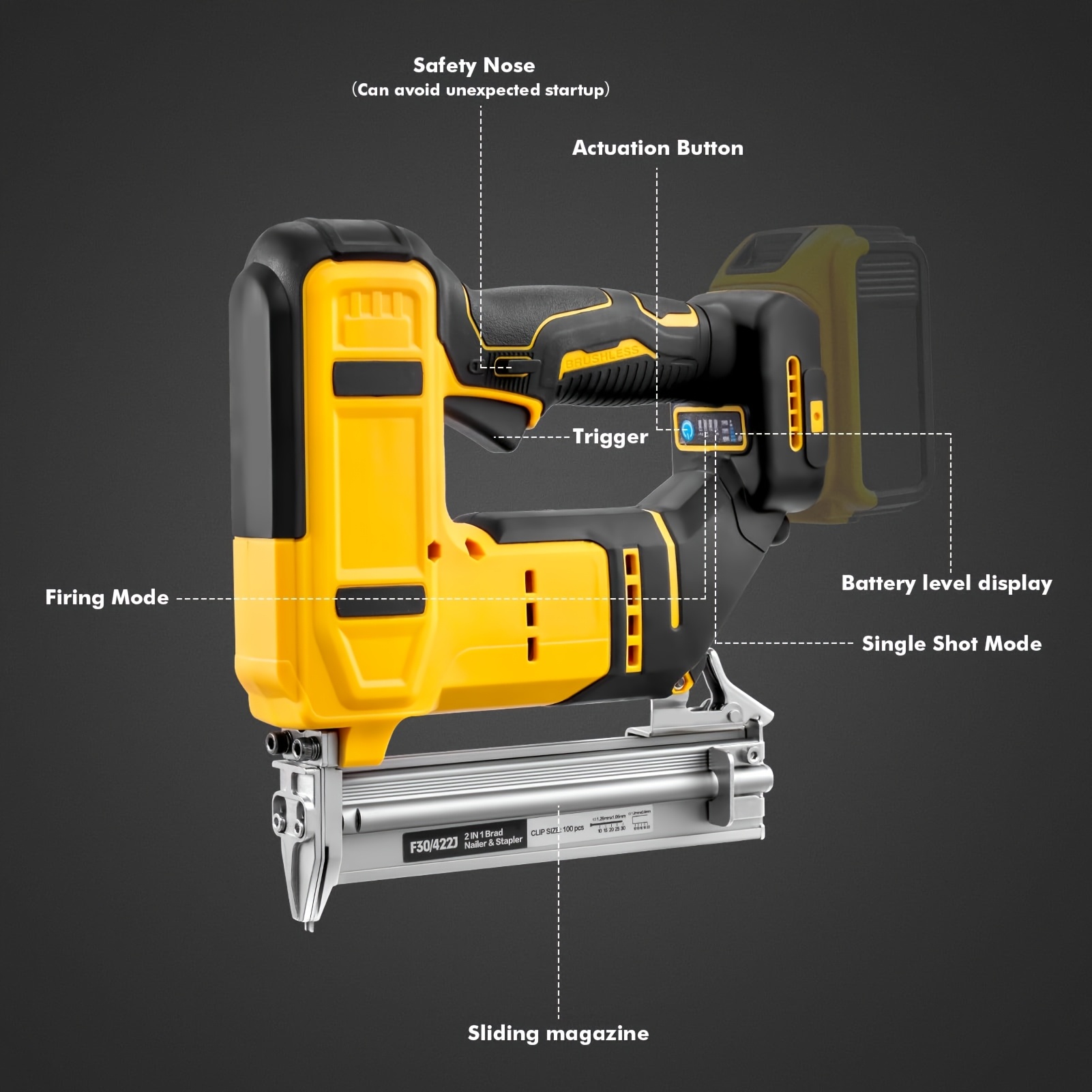 Suitable for DeWalt 20V Max 18GA cordless 2-in-1 brushless electric nail gun, ideal for home DIY and home renovation projects, compatible with 5/8 to 1-1/4 inch nails (100 nails included).