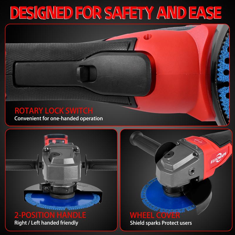 4-1/2" Angle Grinder – Wireless, Compatible Metal Cutting,Anti-Rust Removable Guard – Stainless Steel/Rubber Grip