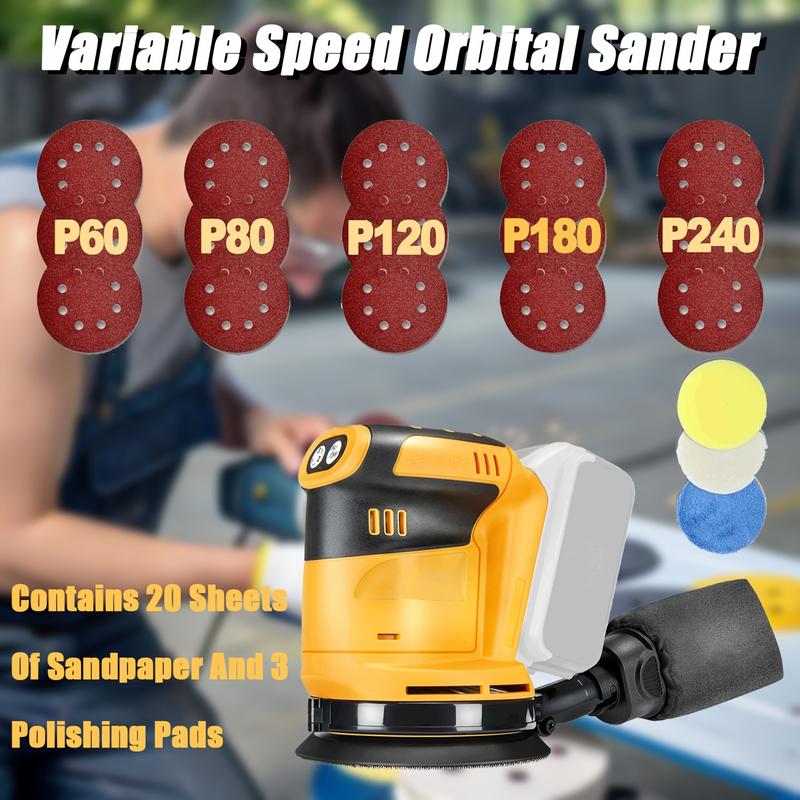 20V Cordless Brushless Orbital Sander Kit – Variable Speed Handheld Sander with Dust Collector & Sanding Pads, Compatible with 20V Battery System for Woodworking, Polishing & DIY Projects