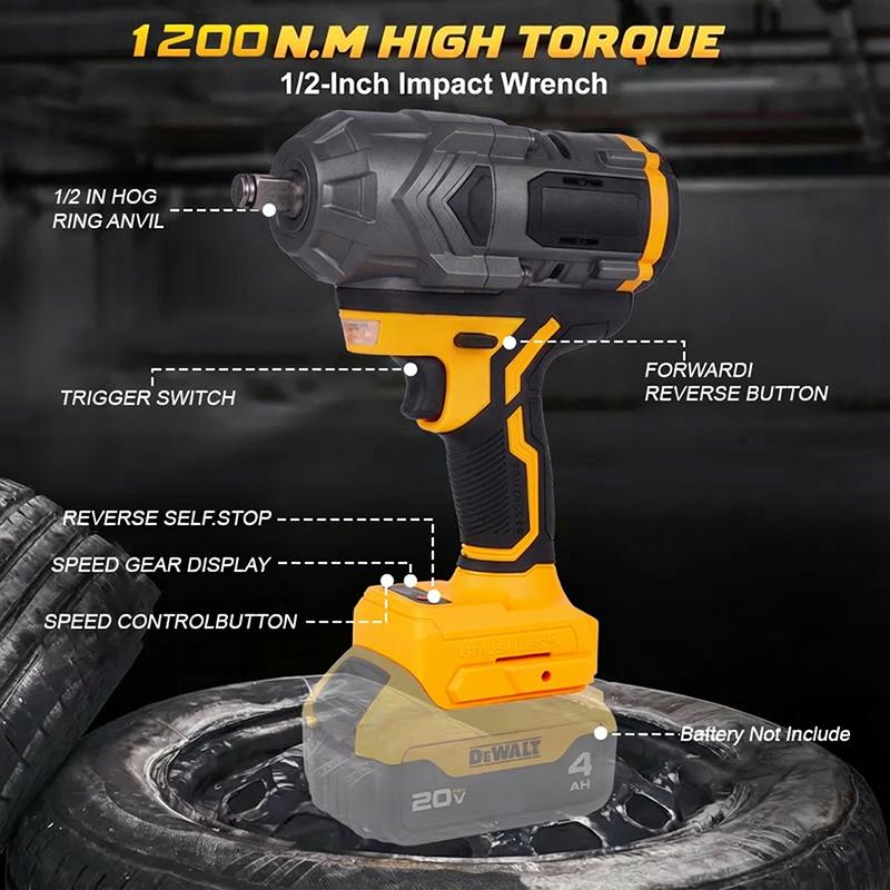 Cordless Impact Wrench 950 ft-lbs, 1/2-inch Brushless Electric High Torque Wrench for Auto Repair and Construction, Compatible with Dewalt 20V Battery