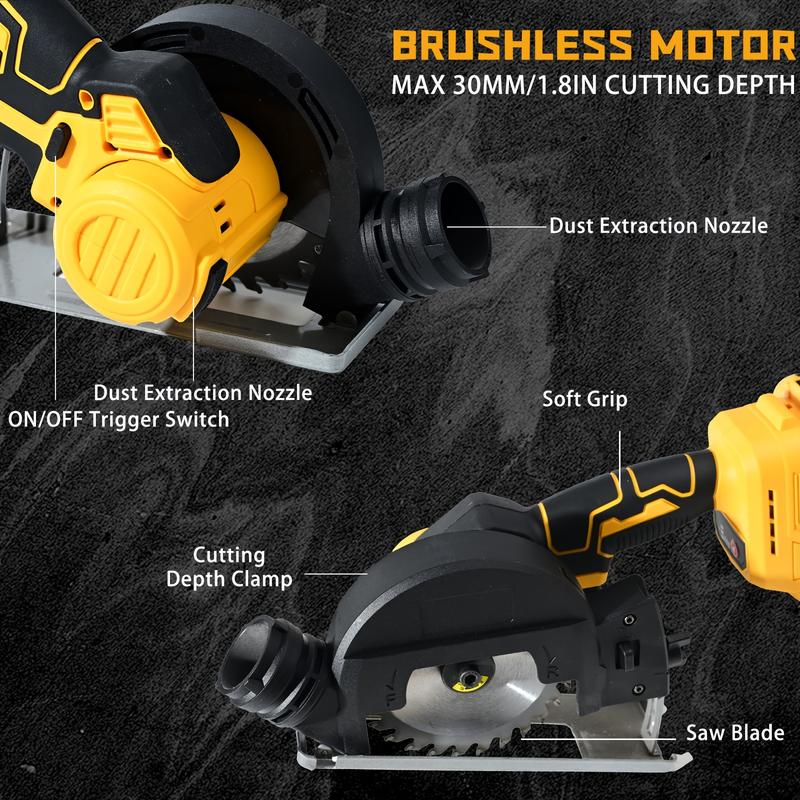 4-inch Brushless Compact Circular Saw, Suitable for 20V Battery, Adjustable Protection Angle, 4 Adjustable Gears, 20000RPM/min, Suitable for Home Decoration, Board, Stone, Tile Cutting