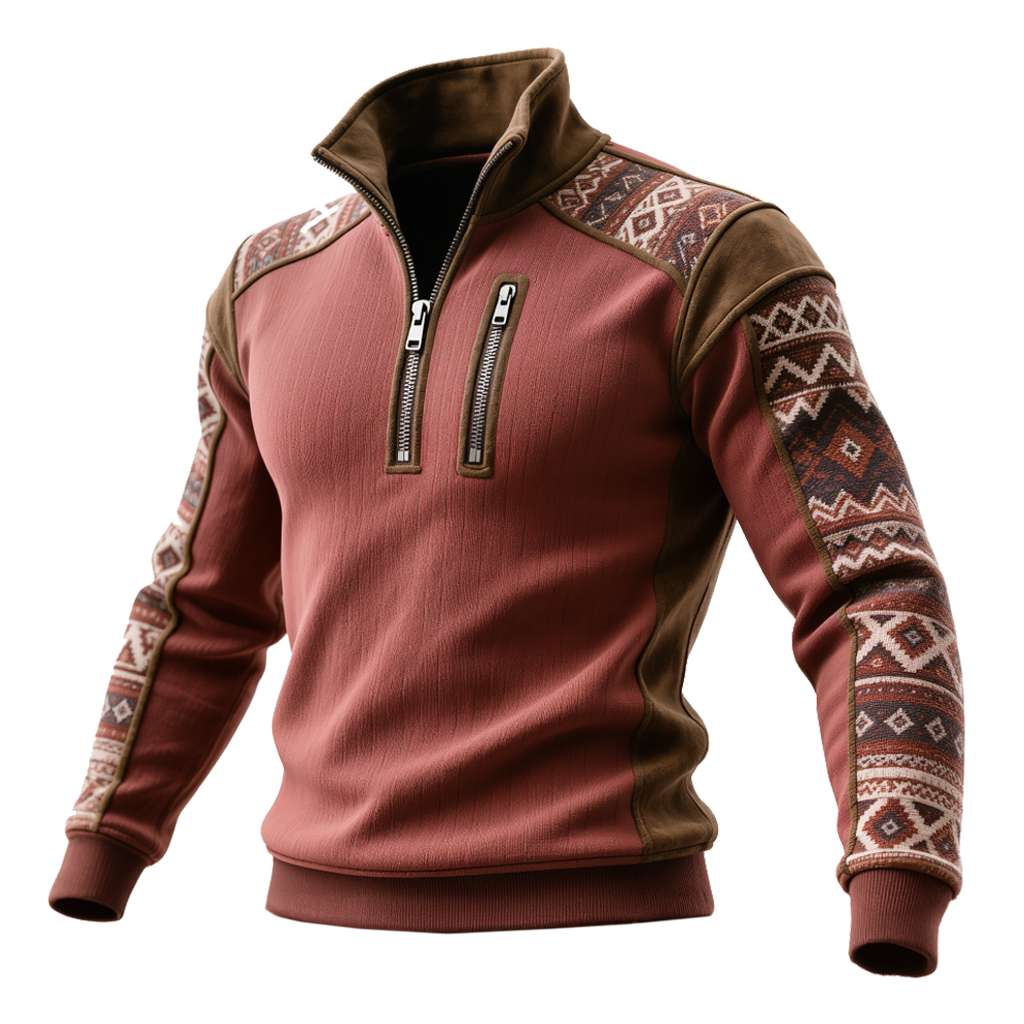 Men's Retro Rustic Tribal Patterned Half-Zip Sweatshirt