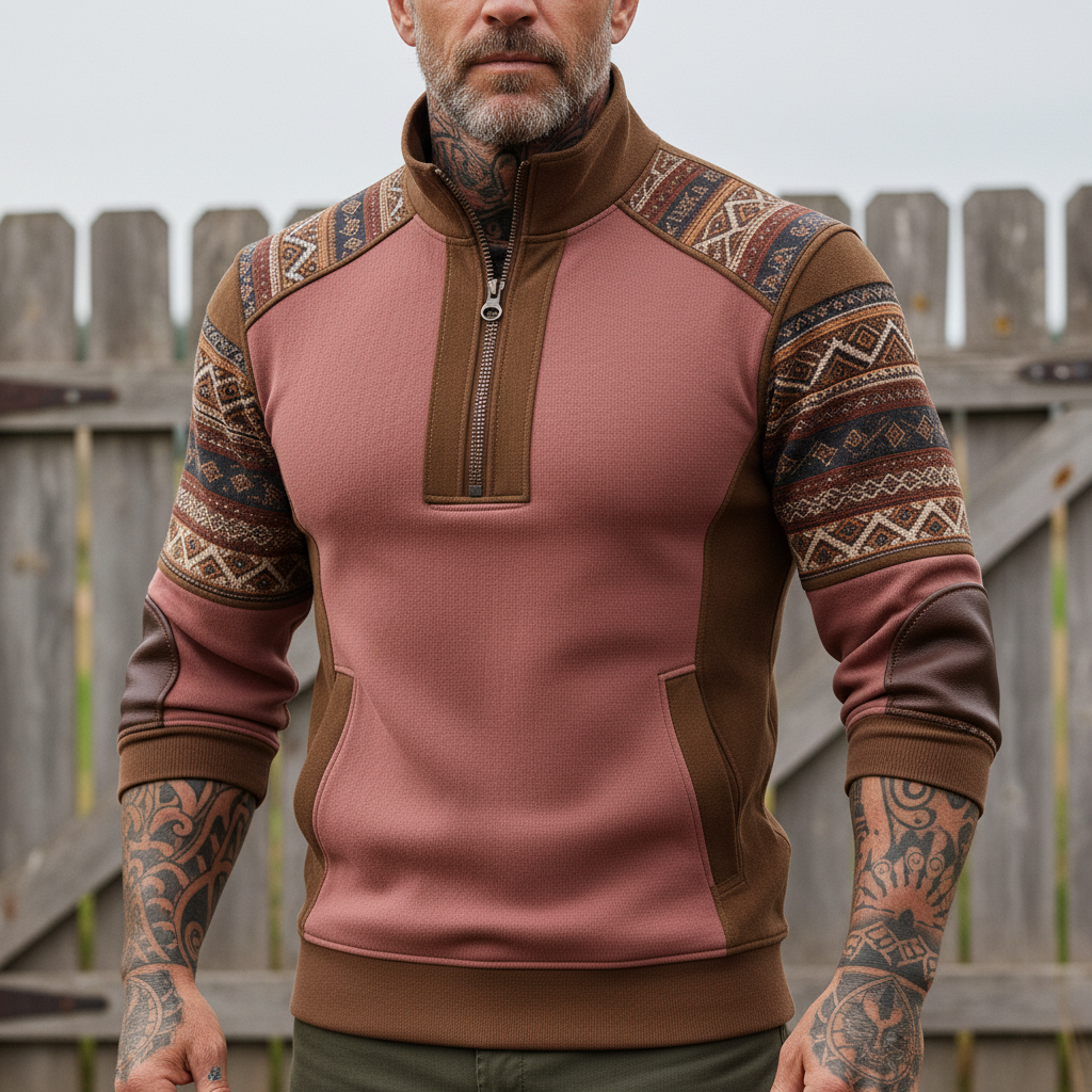Men's Retro Pink And Brown Patterned Zip-Up Sweatshirt With Leather Accents
