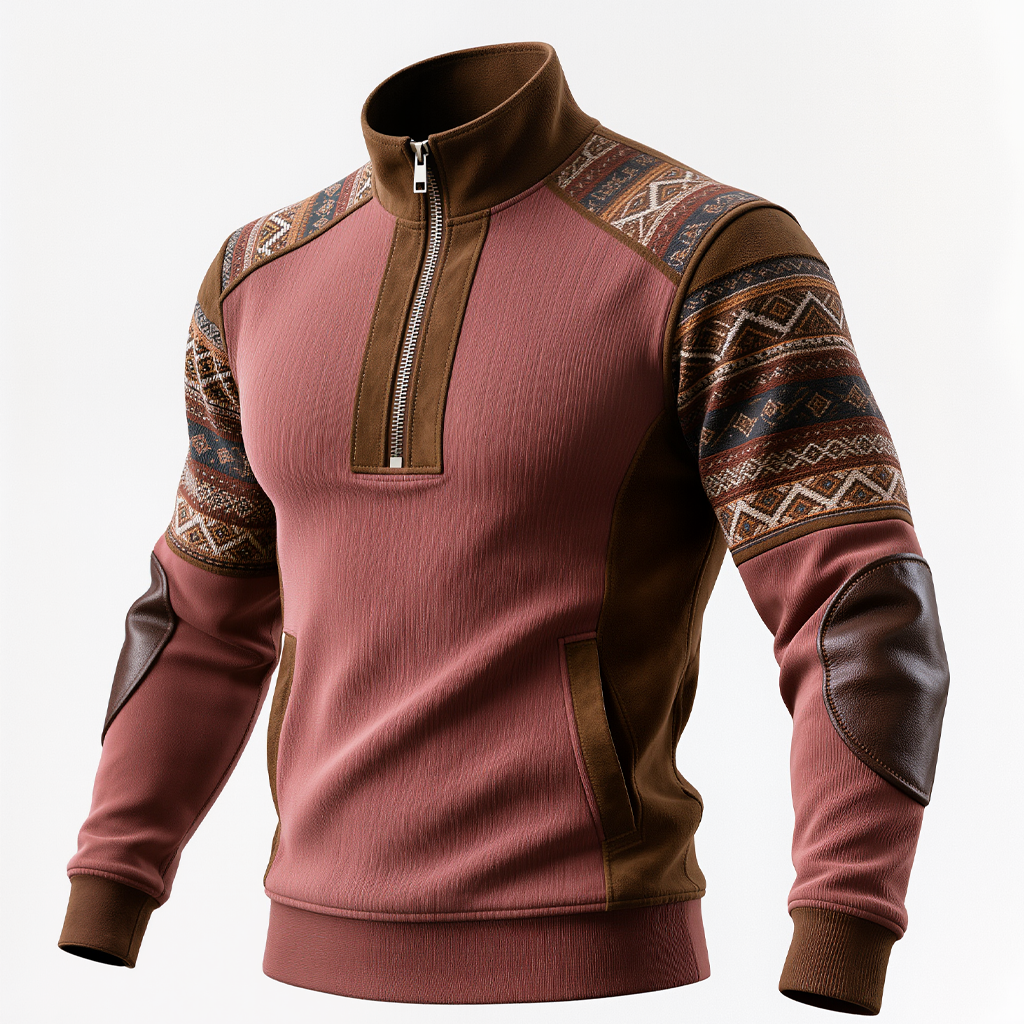 Men's Retro Pink And Brown Patterned Zip-Up Sweatshirt With Leather Accents