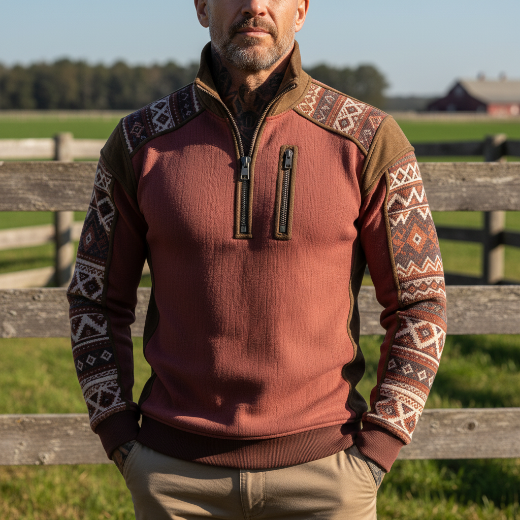 Men's Retro Rustic Tribal Patterned Half-Zip Sweatshirt