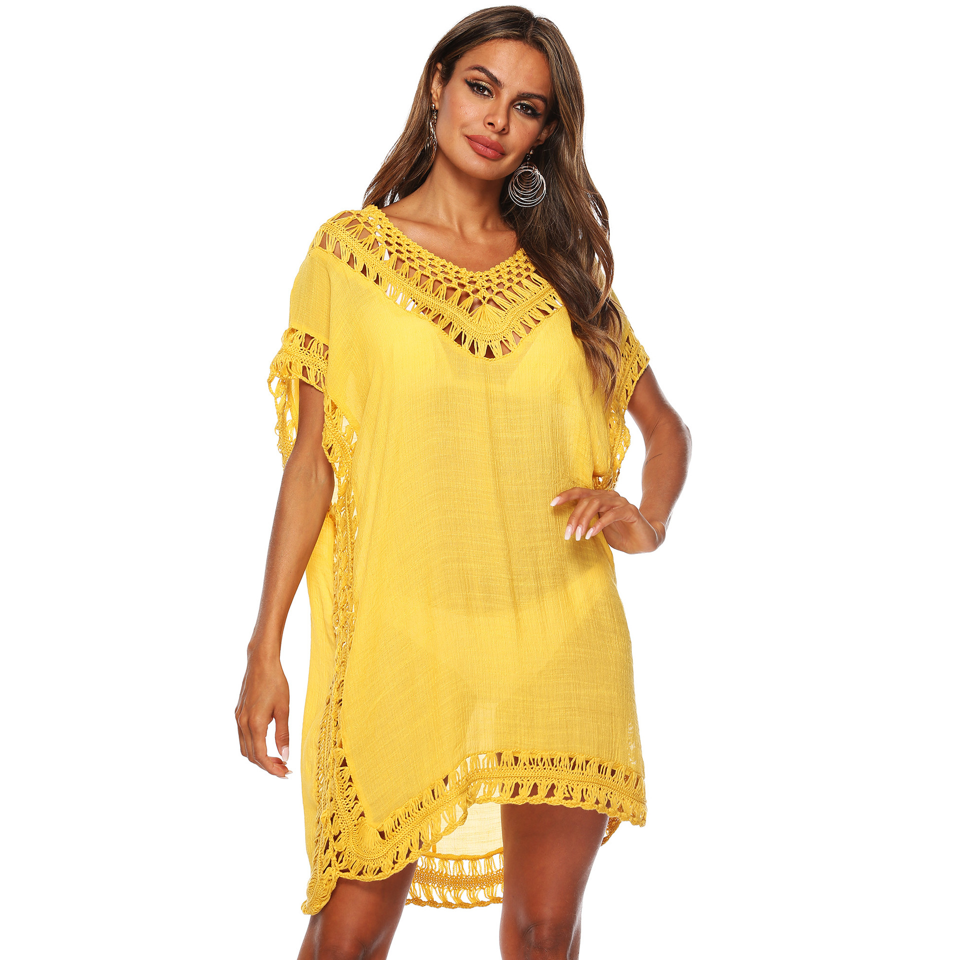 Women's V-Neck Hand-Crochet Hollow-Out Loose Beach Cover-Up Dress