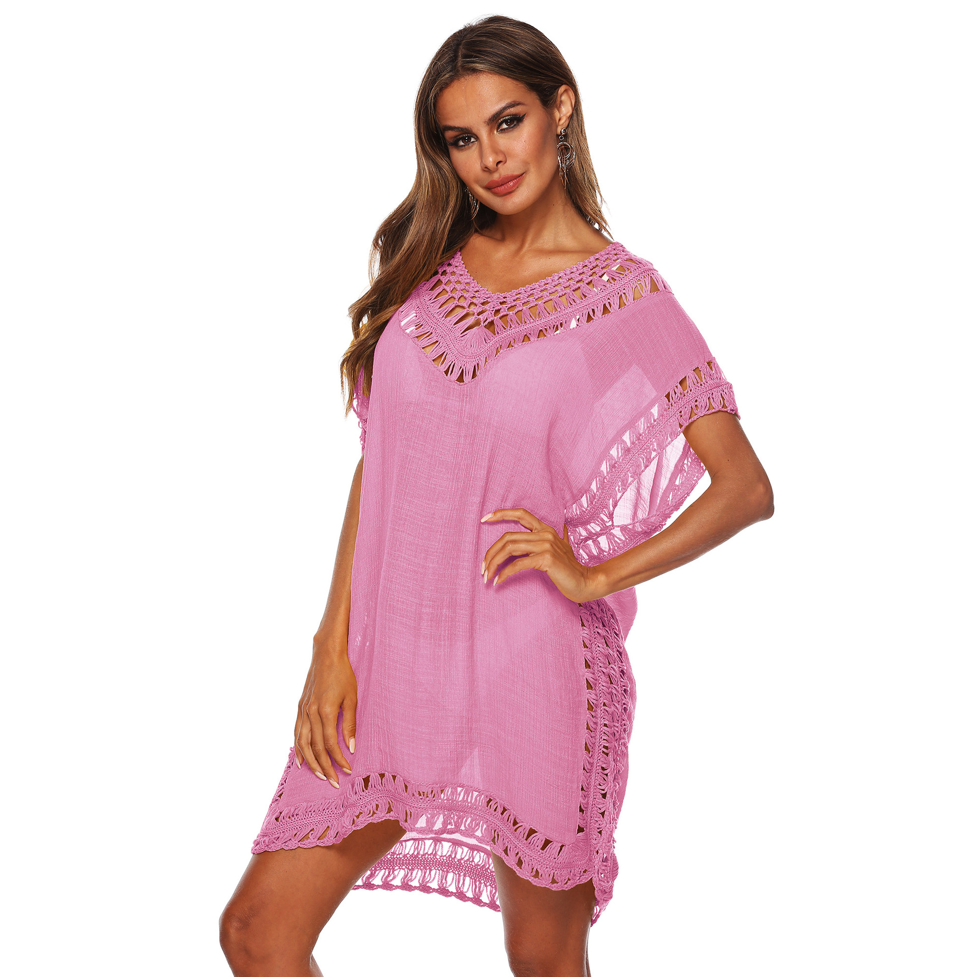 Women's V-Neck Hand-Crochet Hollow-Out Loose Beach Cover-Up Dress
