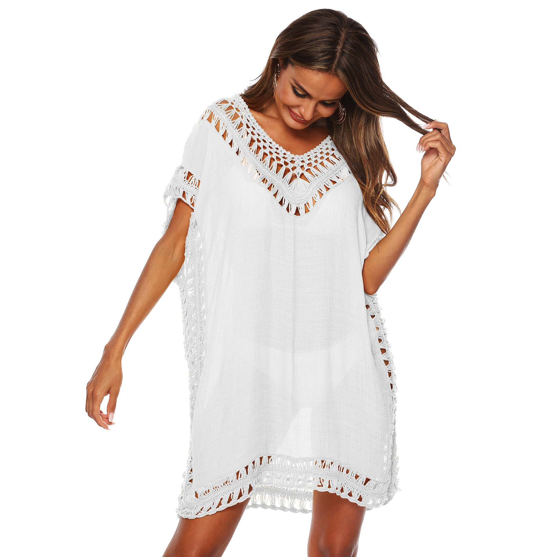 Women's V-Neck Hand-Crochet Hollow-Out Loose Beach Cover-Up Dress