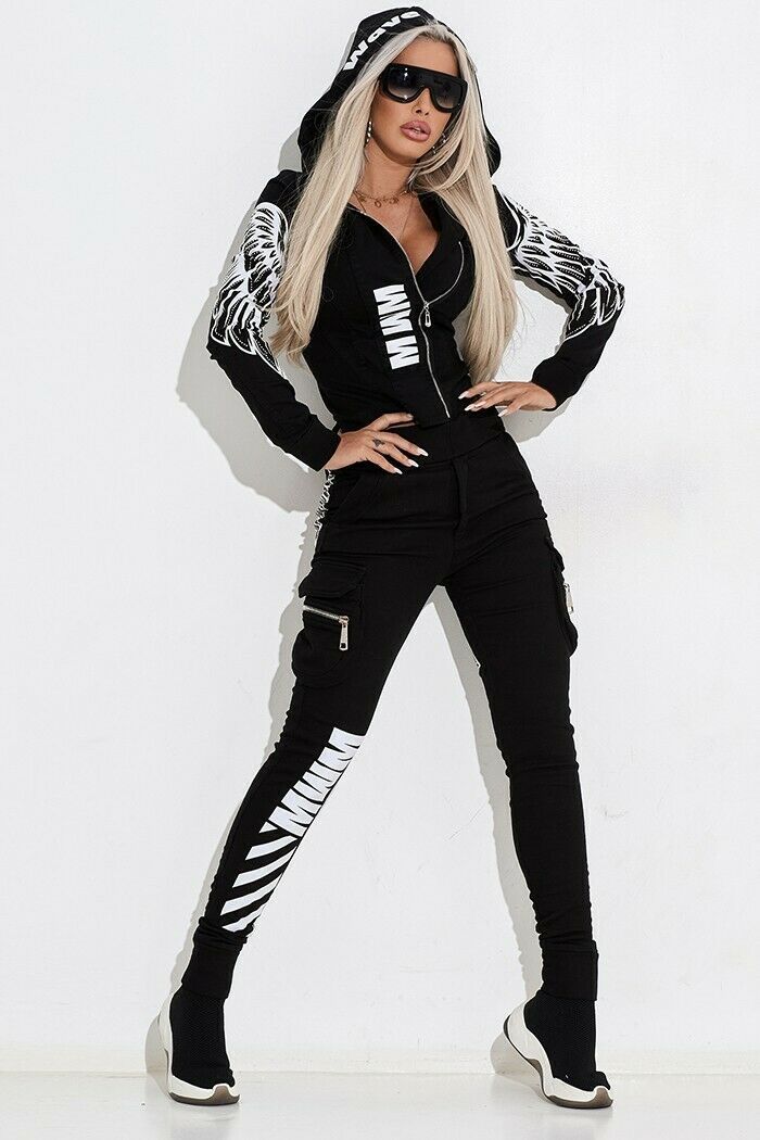 Women's Wing Print Zip-Up Hooded Casual Two-Piece Set