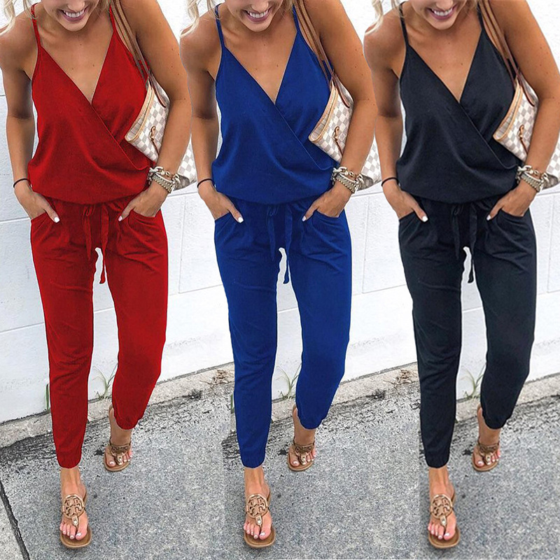 Women's Casual Tie-Front Open-Back Cami Jumpsuit with Pockets