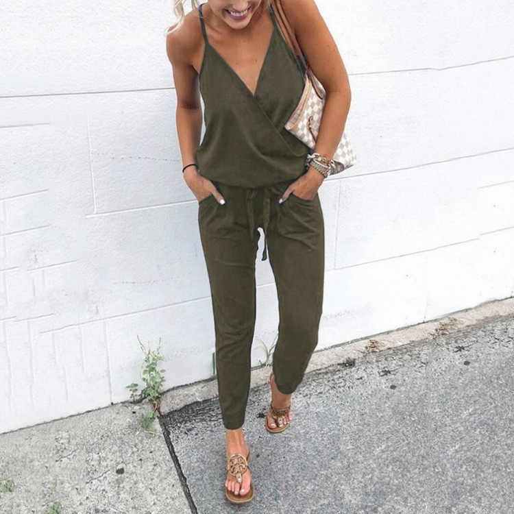 Women's Lace-Up Backless Sleeveless Jumpsuit with Pockets