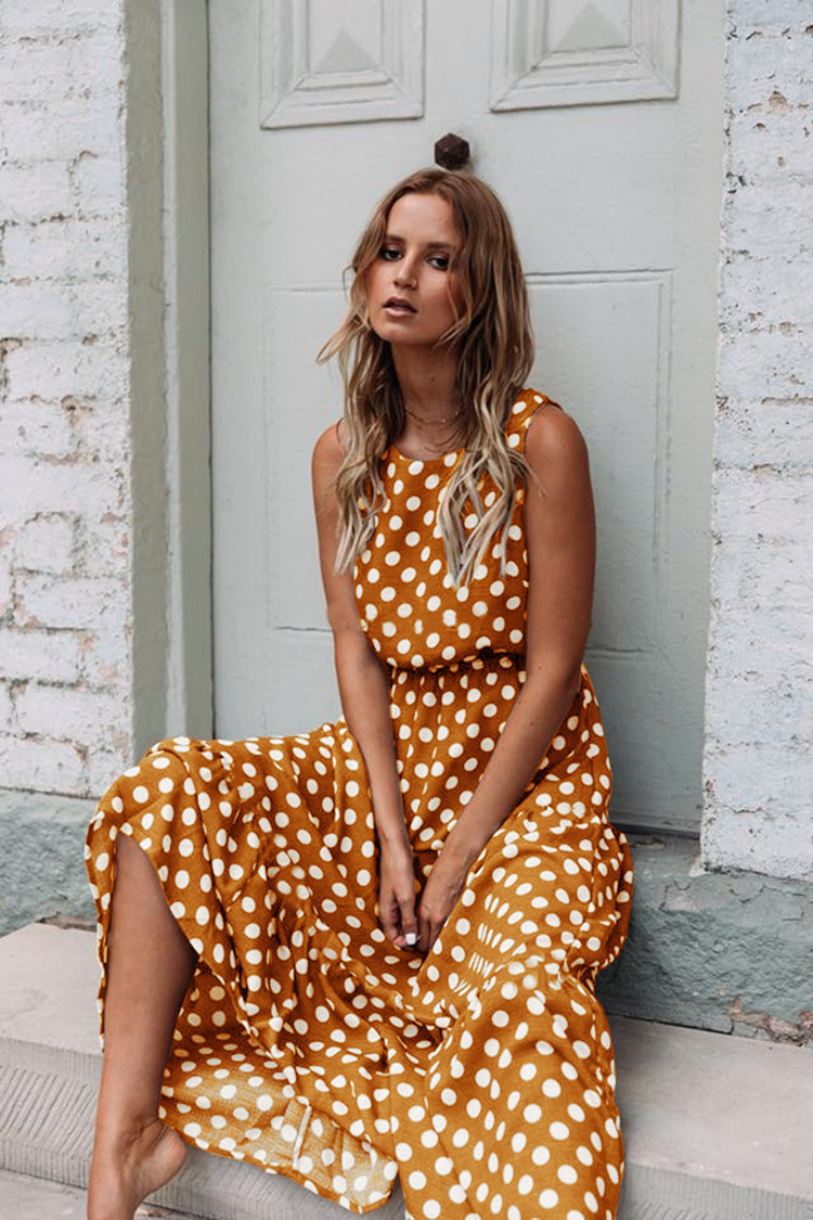 Polka Dot Print Round Neck Long Dress