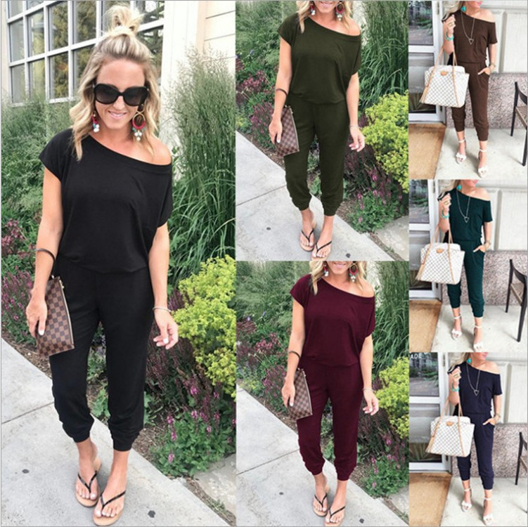 4-Color Short-Sleeve Pocket Women's Jumpsuit & Pants