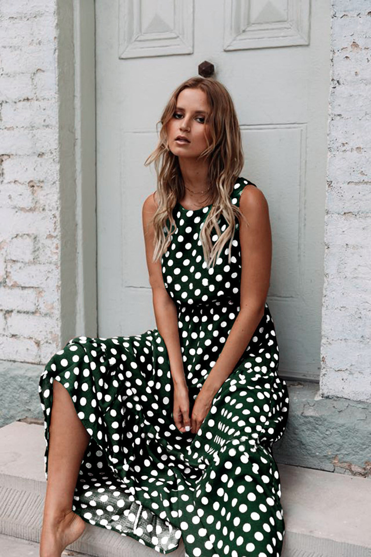 Polka Dot Print Round Neck Long Dress
